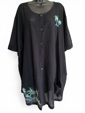 Liz & Me Black Button-Front Mesh Cover-Up with Tropical Palm Embroidery 5X